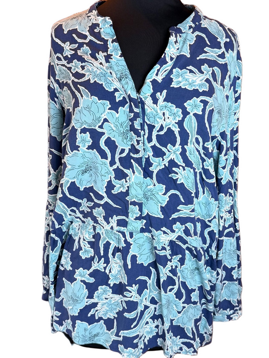 Tops - Navy Blue Floral Peplum Blouse with Light Blue Print size 12 like New